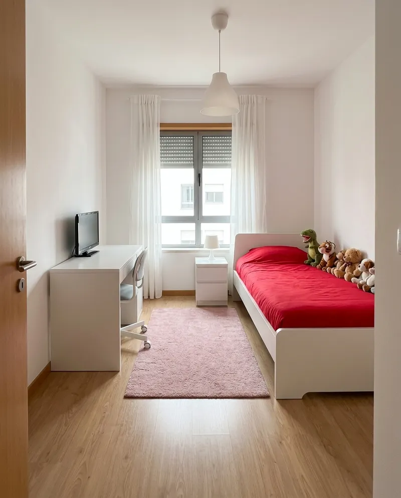 Um quarto de criança, primeiro com brinquedos e roupa no chão, depois arrumado e com a cama feita