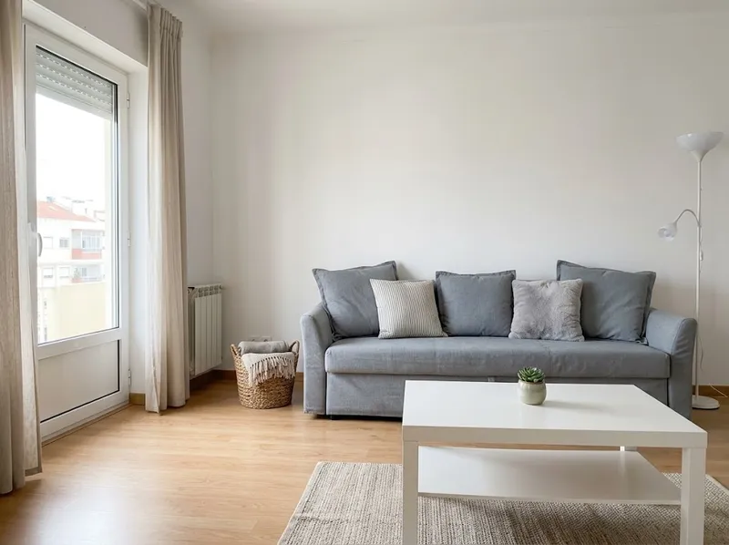Uma sala luminosa acabada de limpar num apartamento português