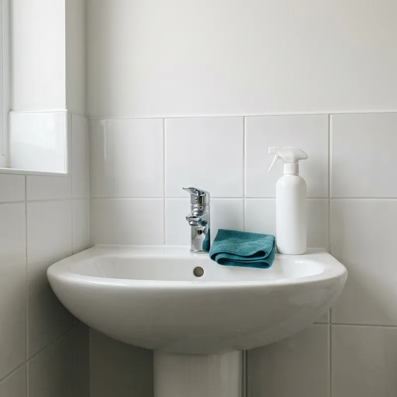 Um lavatório e azulejos brancos higienizados